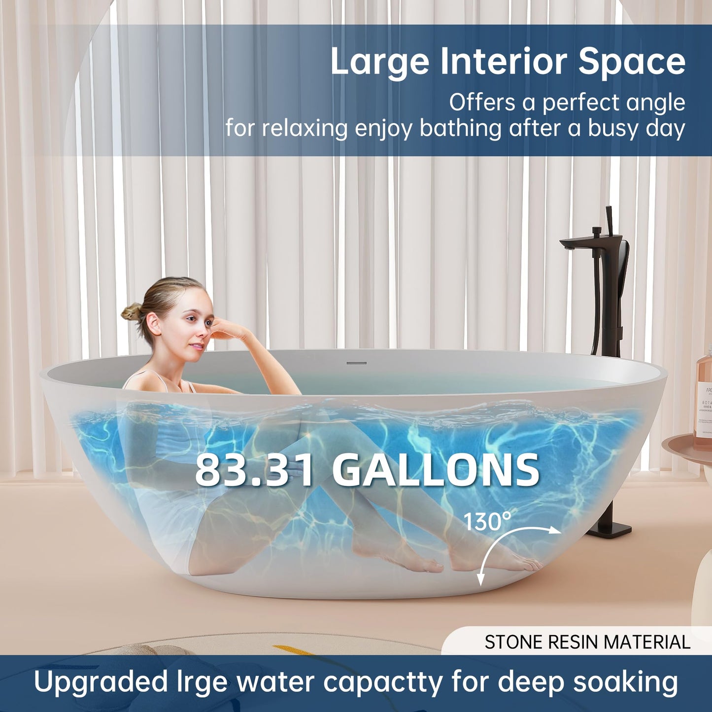 MEDUNJESS 65'' Freestanding Bathtub Resin Stone Soaking Freestanding Tubs Matte Solid Surface Flatbottom Tub with Overflow and Pop-up Drain - White…