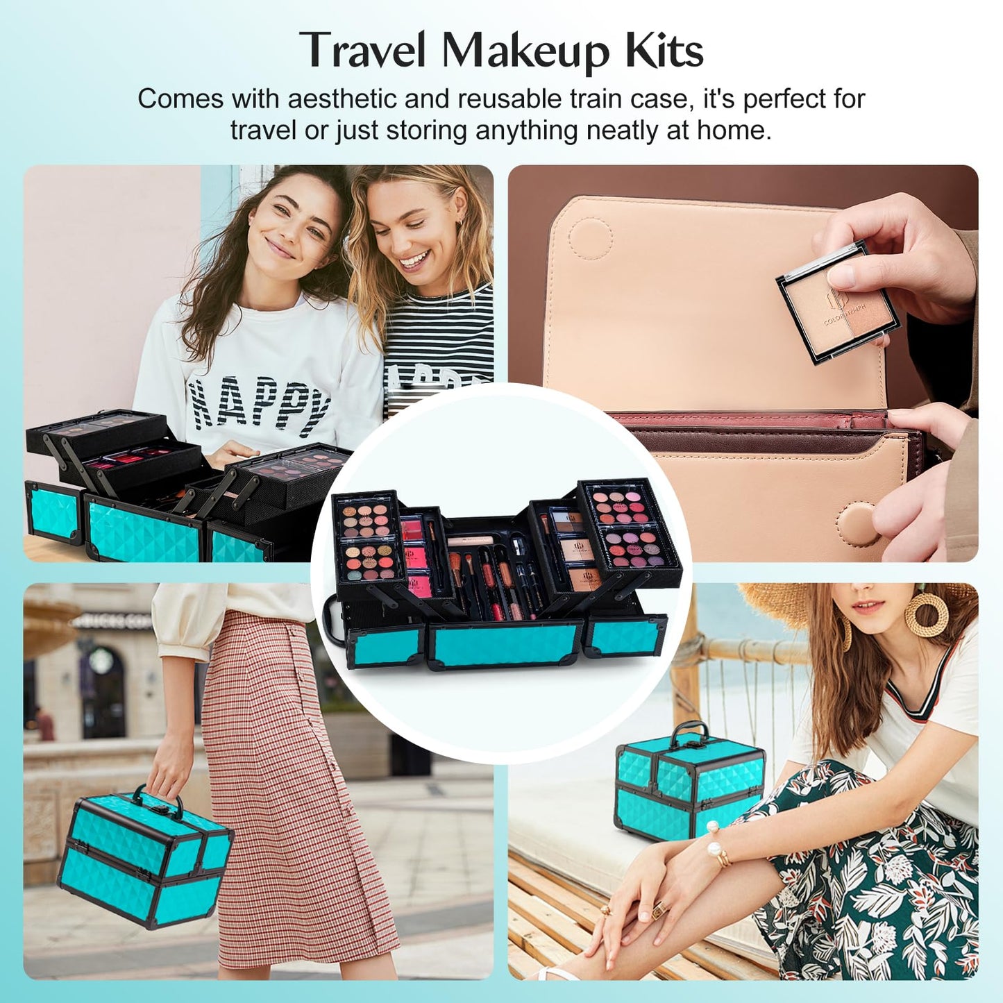 Color Nymph All In One Makeup Kit Comestics Gifts for Girls Teens, Travel Makeup Set 4 Trays Train Case for Beginner Includes Eyeshadow Highlighter Lipgloss Blush Concealer Brush Eyeliner Lipbalm