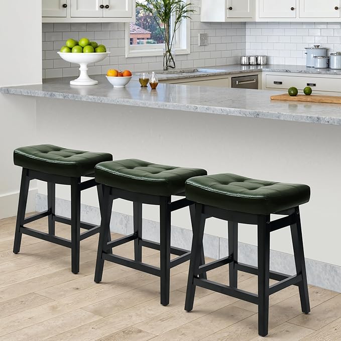 RNKSFX Counter Height Bar Stools Set of 4 for Kitchen Counter Farmhouse Modern Barstools with Faux Leather Upholstered Backless Seat and Solid Wood Legs 24 inch Bar Chairs, Green + Black