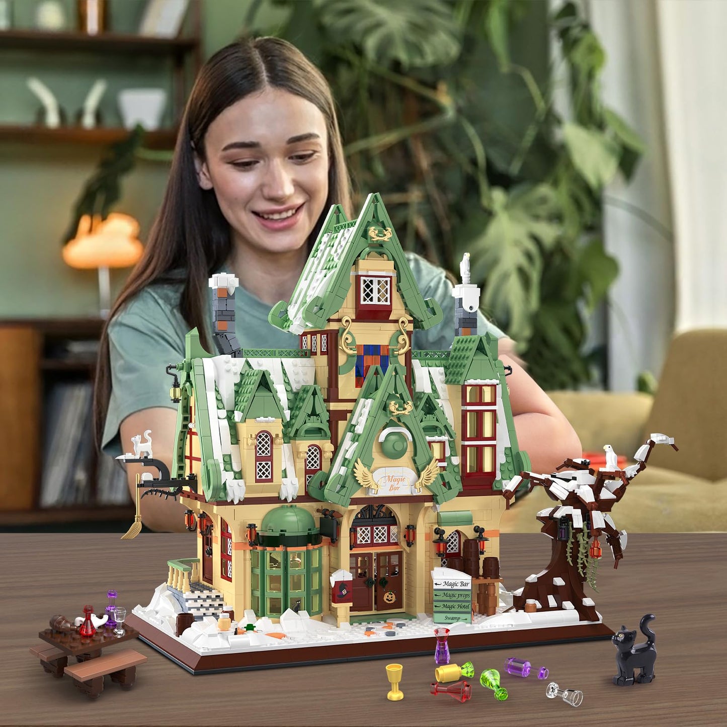 HOGOKIDS Magic Bar House Building Set with LED Light - Halloween House Architecture 3.6mm Mini Building Block Home Office Decor, Magical Birthday Gift for Adults Kids Age 10+ Boy & Girl (2479 PCS)