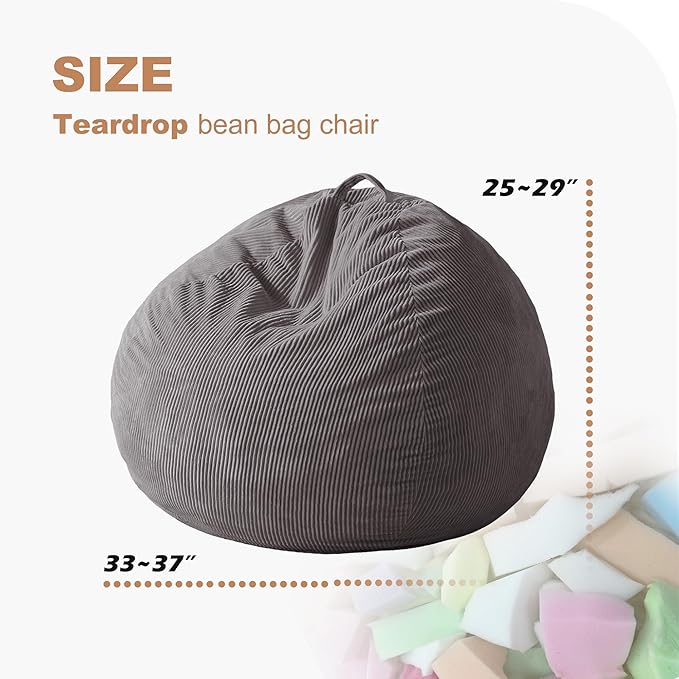 Homguava 3FT Bean Bag Chair: Teardrop Bean Bags with Memory Foam Filled, Compact Beanbag Chairs Soft Sofa with Corduroy Cover (Grey)