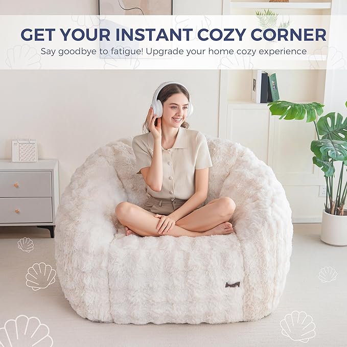 MAXYOYO Giant Bean Bag Chair for Adults, Stuffed Shell-Shaped Large Bean Bag Couch, Cozy Living Room Chair with Filler, Floor Sofa Lazy Sofa for Bedroom Living Room, Beige