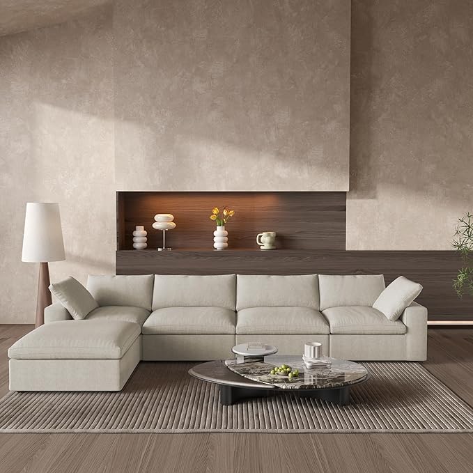 Cloud Couch Modular Sectional Sofa with Storage Ottoman,160.6" L Shaped Couch for Living Room,Down Filled 5 Seater Convertible Sectional Sofas,Covers Washable&Replaceable (Khaki)