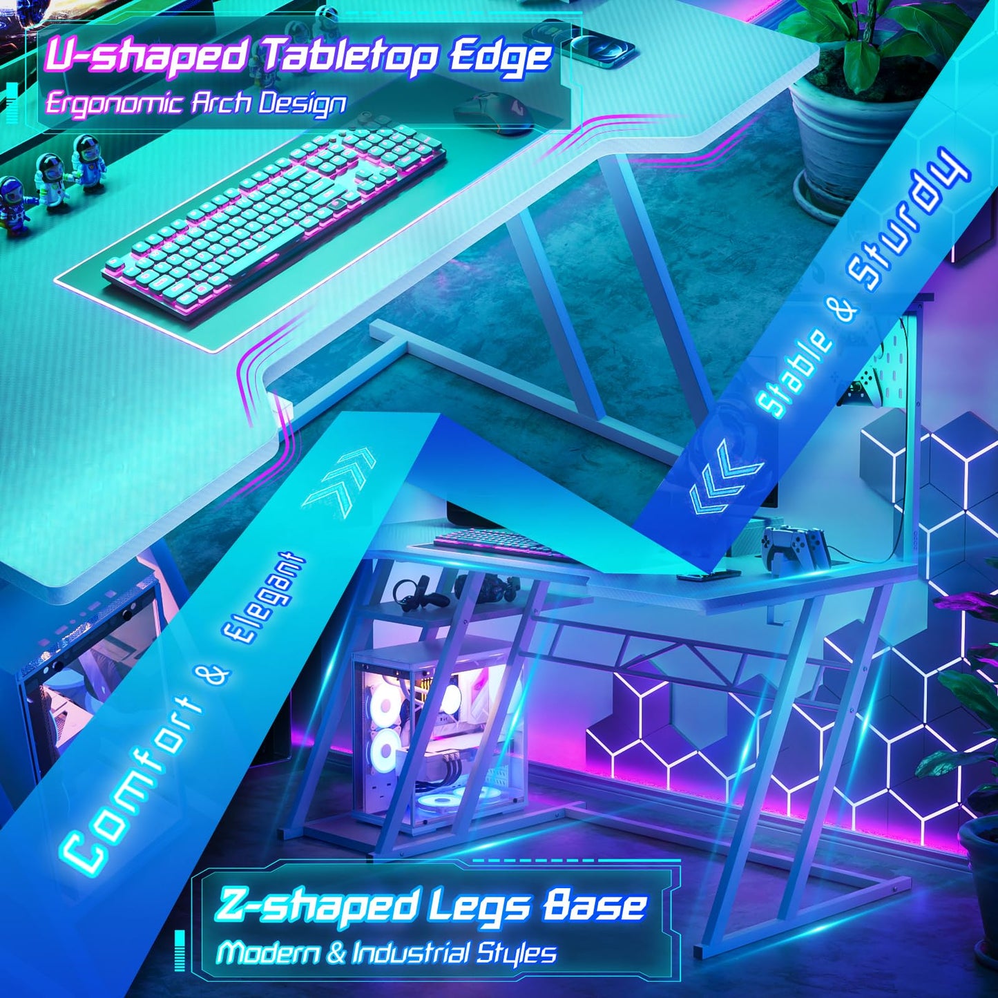 Armocity Gaming Computer Desk with Power Outlets, Gaming Desk with Hutch and LED Lights, Reversible PC Gaming Desk with Pegboard, Carbon Fiber White, 47"