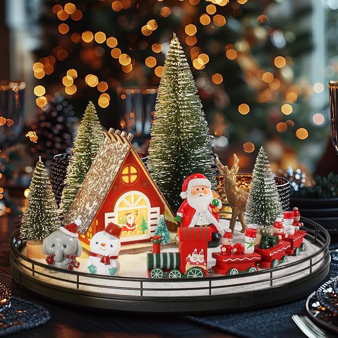 Oroyutor 12 Pcs Christmas Village Set - 13" Oak Wooden Lazy Susan with Santa Train, House & Trees – Indoor Christmas Cente...