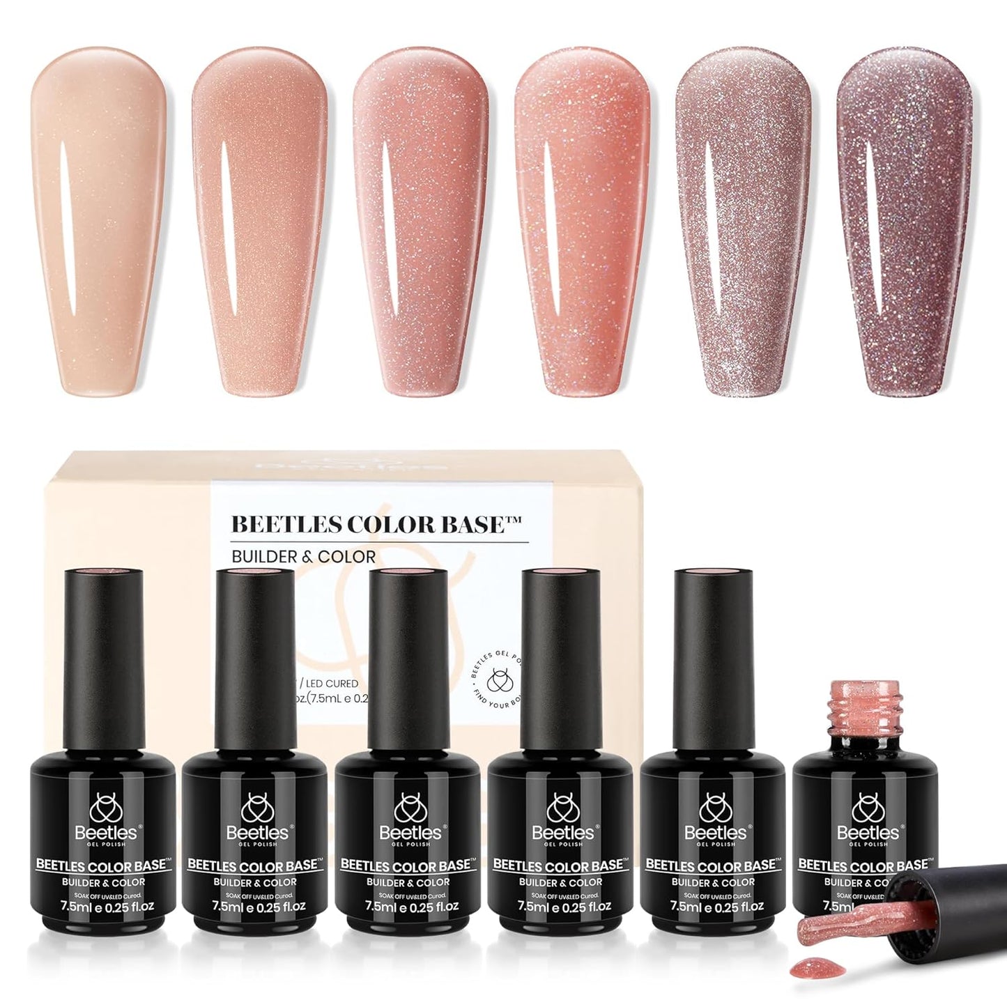 Beetles Rubber Base Color Gel Nail Polish, 6 Colors 5 IN 1 Nude Rubber Base Gel Neutral Sheer Pink Peach Glitter Nail Polish for Thin Nails Soak Off Nail Art Design Gifs for Women