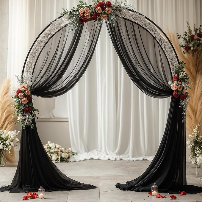 Wedding Arch Draping Fabric, 2 Panels 18FT Black Sheer Backdrop Curtain Chiffon Fabric Drapery Voile Scarf Draping Panels for Wedding Archway Ceremony Curtain Valance Party Decoration