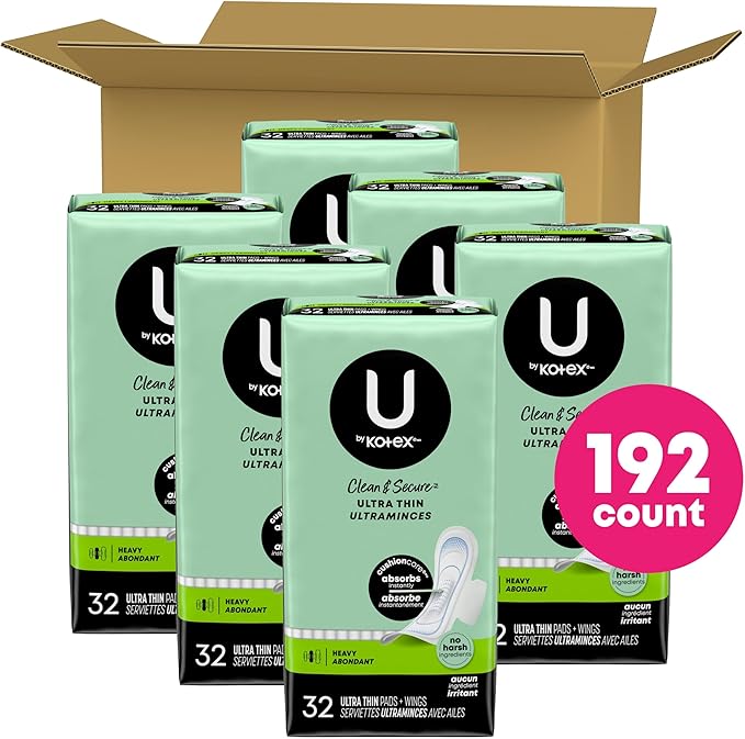 U by Kotex Clean & Secure Ultra Thin Pads with Wings, Heavy Absorbency, 192 Count (6 Packs of 32) (Packaging May Vary)