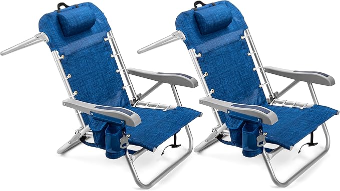 Homevative Cooler+ Folding Backpack Beach Chair with 5 Positions, Towel bar, XL Cooler Pouch, Storage Net, Cup and Phone Holder, Breeze, 2 Pack