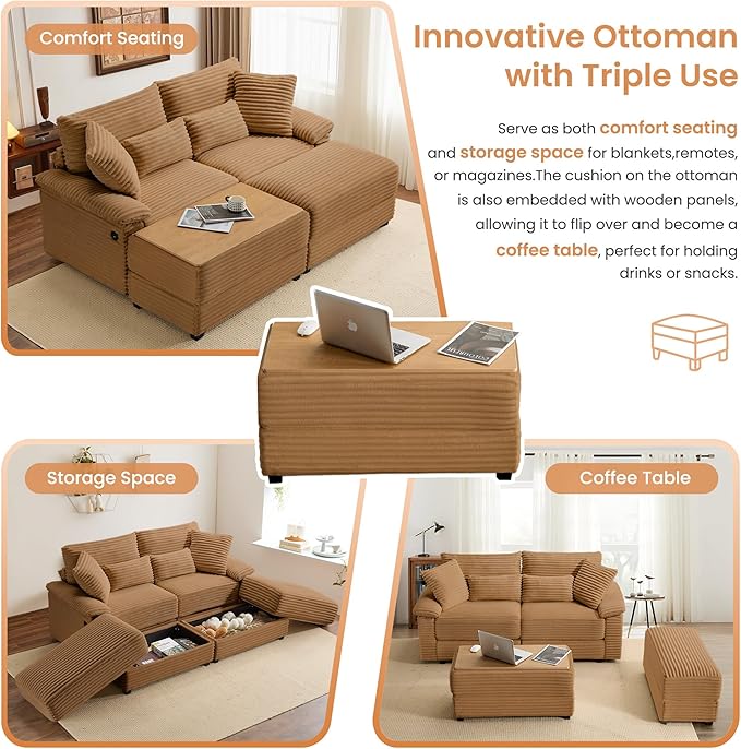 SUNWAVE 74" W Double Chaise Lounge Chair Indoor, Oversized Loveseat with Storage Ottoman, Corduroy Couch with USB Charging, Removable Ottoman, and Coffee Table Cushions for Living Room, Apartment