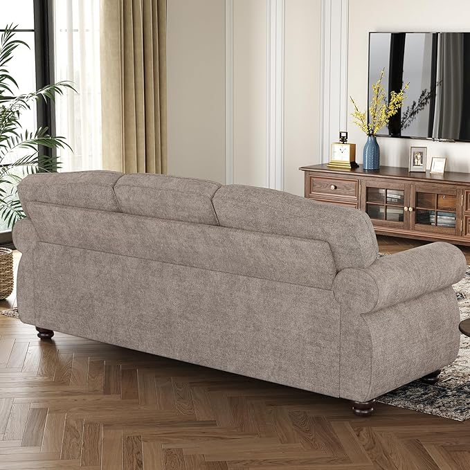 ONBRILL 90 Inch Nailhead Trim Couch for Living Room, 23 Inch Deep Seat Rolled Arm Sofa, Comfy Upholstered 3 Seater Chenille Couch w/Wooden Leg, Large Traditional Sofa for Farmhouse, Beige
