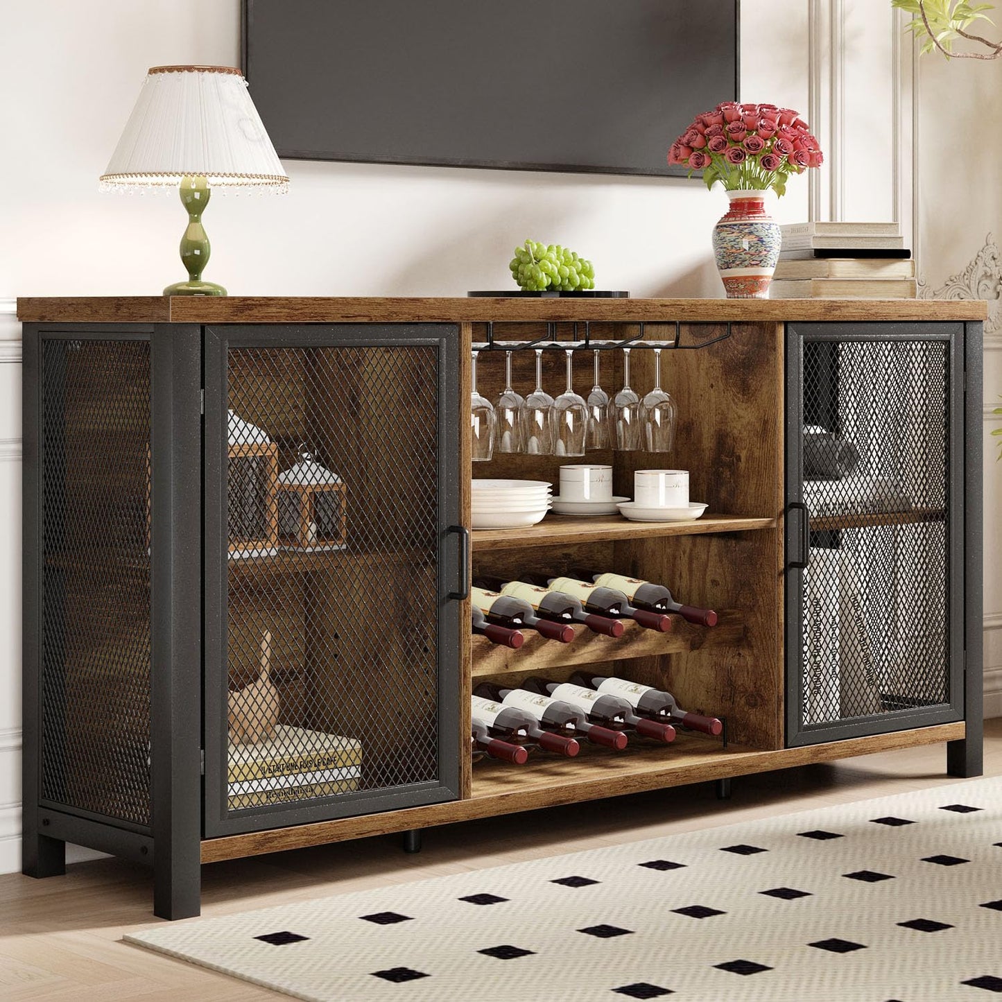Launica Industrial Coffee Bar Cabinet, Wine Bar Cabinet for Liquor and Glasses, Liquor Cabinet with wine Rack Storage, Wood Metal Sideboard Buffet Cabinet for Home Kitchen Dining, Rustic Brown 55 Inch