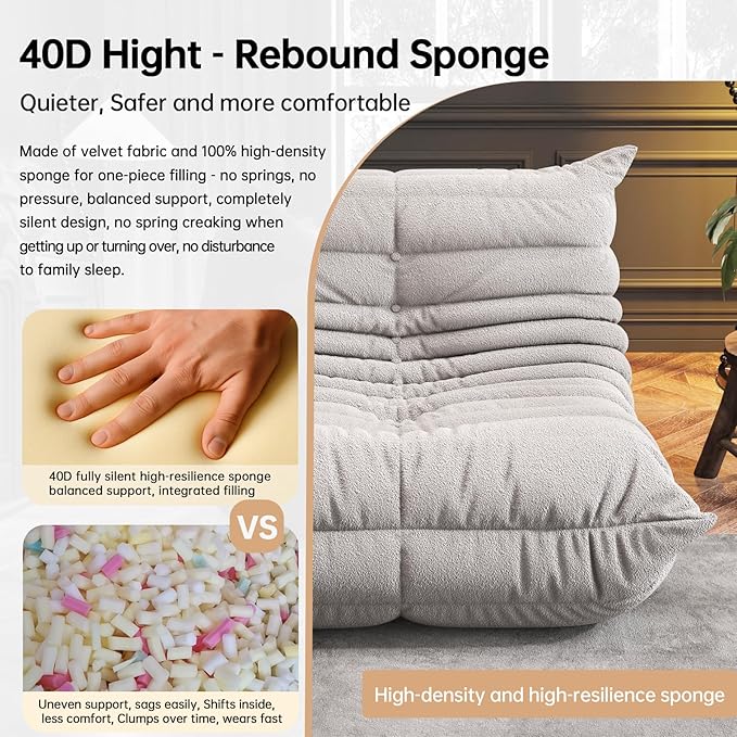 WHGBJA Memory Foam Bean Bag Chair for Adults, Teddy Material Beanbag Sofa with Filler, Cozy Floor Lounge Seat for Living Room, Bedroom, Dorm, Office (Grey)