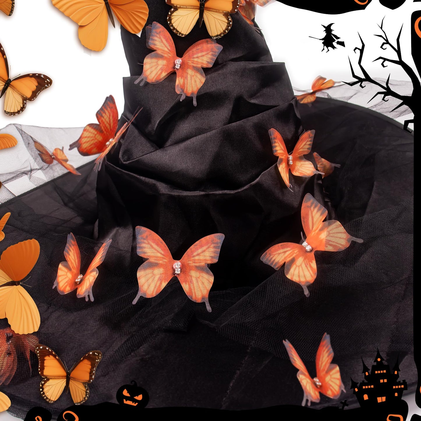 MGupzao Halloween Witch Hat - Halloween Costumes Outfit for Women, Witches hats for Women Adult Attached Butterfly and Veils, Cosplay Costume Halloween Party Favors