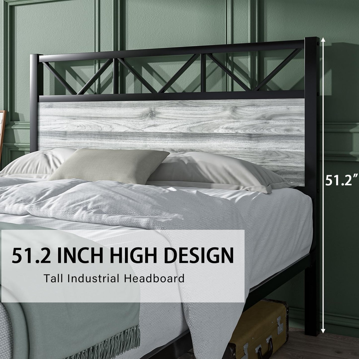 CHABUILDREARK Queen Bed Frame with Headboard, Industrial 51.2" Tall Headboard, Queen Platform Bed Frame with Heavy Duty Metal Slats Support, No Box Spring Needed, Noise-Free, Easy Assembly, Wash Grey