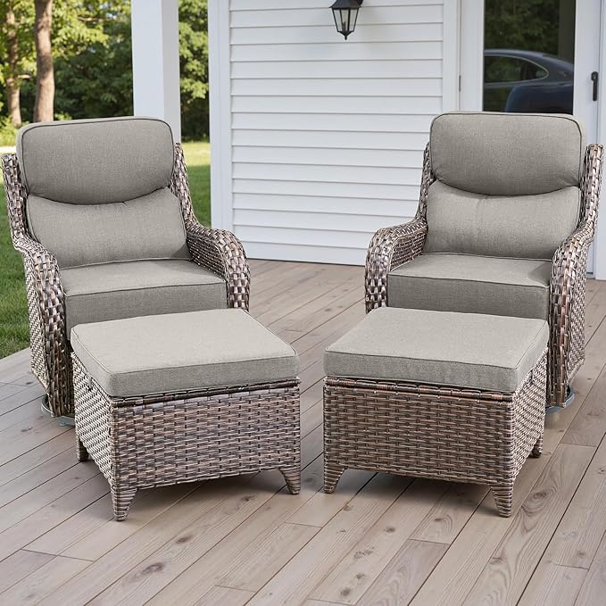 Rilyson Outdoor Patio Furniture Set - Weather Resistant Wicker,High Back,6 inch Cushions,4 Piece Patio Furniture Set with Swivel Rocker Chairs and Ottomans for Deck Porch Yard,Brown/Beige