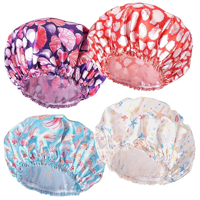 Shower Caps for Women, 4 PCS Elastic and Reusable Bath Caps, Double Layers Shower Cap Reusable Waterproof, Bathing Shower Caps, Environmental Bath Hair Protection Cap - Shell