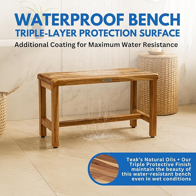 EcoDecors Eleganto 35 Inch Natural Color Waterproof Teak Wood Shower Bench Stool Seat Chair For Inside Shower Provides Safety, Storage, and Organization For Bathroom Accessories