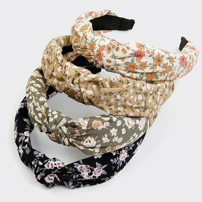 Huachi Headbands for Women and Girls, 4 Packs Fashion Flower Printed Knotted Head Bands for Women’ s Hair, Non Slip Boho W...