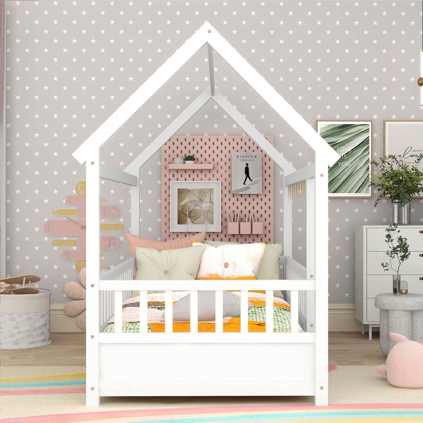 Kids Montessori Bed Twin Size, Twin Floor Bed with High Fence, House Beds for Kids, Girls, Boys, Wood Montessori Floor Beds Without Slats(White Twin)