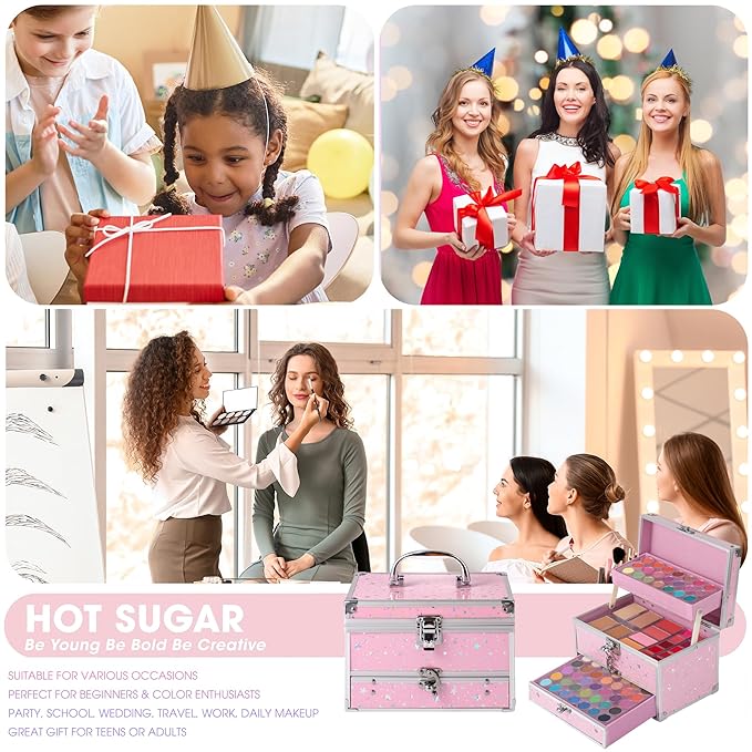 Hot Sugar Makeup Kit for Teens with Train Case, Portable Beginner Makeup Gift Set, Makeup Beauty Kit for Girls (Pink)