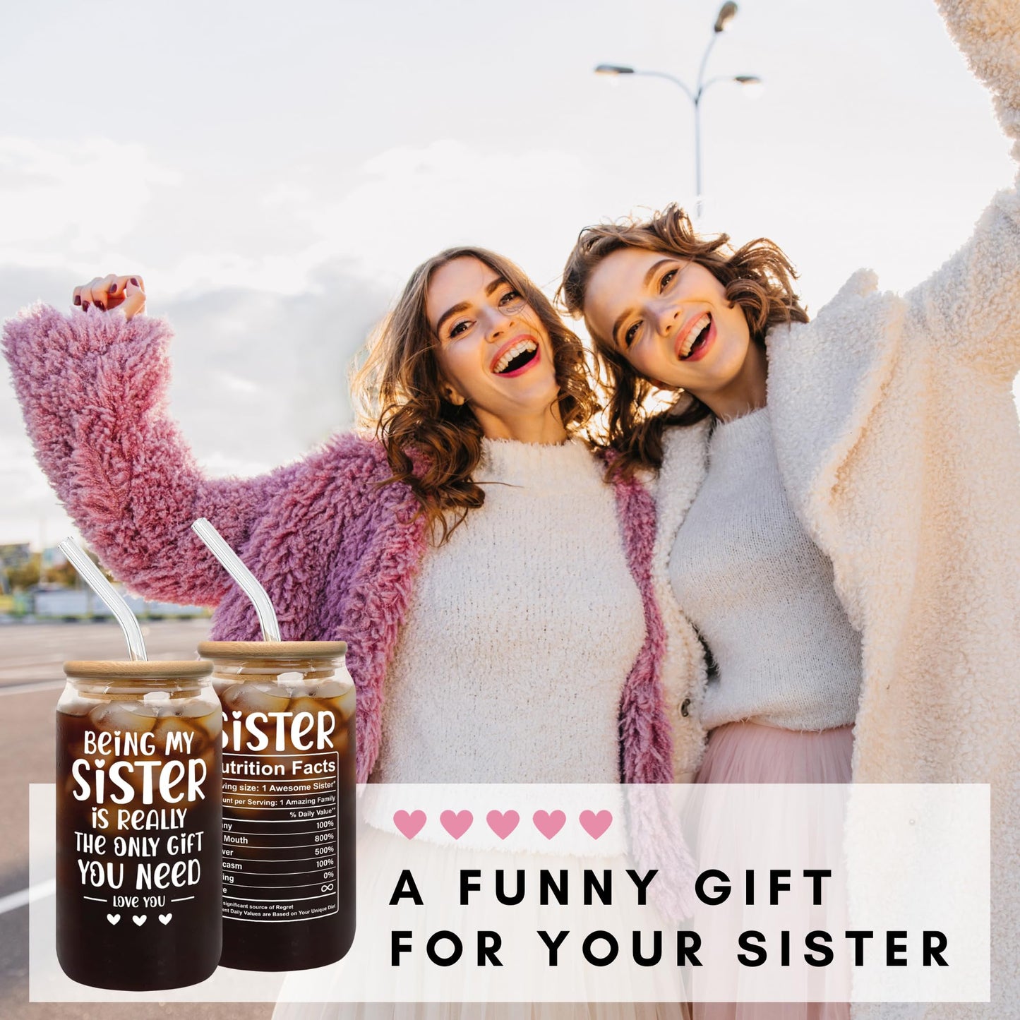 GINGULMINA Gifts for Sister - Birthday, Mothers Day, Christmas Sister Gifts from Sisters, Brother - Sisters Gift for Women, Sibling, Bestie, Women, Sis - 16 Oz Coffee Can Glass