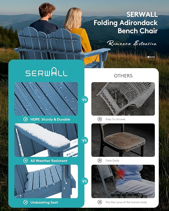 SERWALL Outdoor Folding Adirondack Bench, HDPE All-Weather Adirondack Loveseat, 660 lbs Capacity, Foldable Outdoor Patio Bench for Deck, Lawn, Garden, Navy