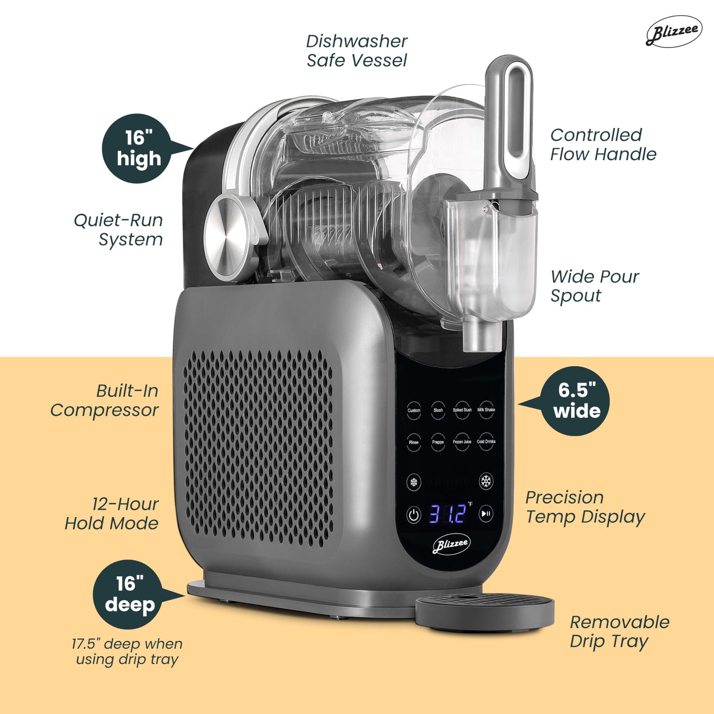 BLIZZEE Slushie Machine for Home 64 oz | Frozen Drink Machine with 6 Preset Programs | No Ice Needed | LED Display | Perfect for Milkshakes, Margaritas, Smoothies, Frappes and More [Dark Grey]