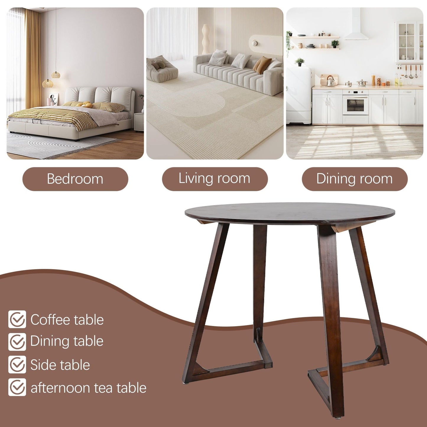 XOXUXOA 35" Round Dining Table - Solid Rubberwood Kitchen Table for Small Spaces, Modern V-Leg Design Seats 4, Walnut Wood Finish, Easy Assembly