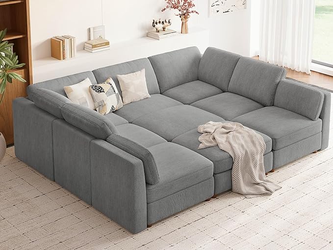 CUGOAO 118'' Modular Sectional Sofa Bed, Oversized Sectional Couch, Deep Seat Chenille Cloud Couch, Removable Cover, Mordern Upholstered Couches for Living Room, Apartment, Office, Grey
