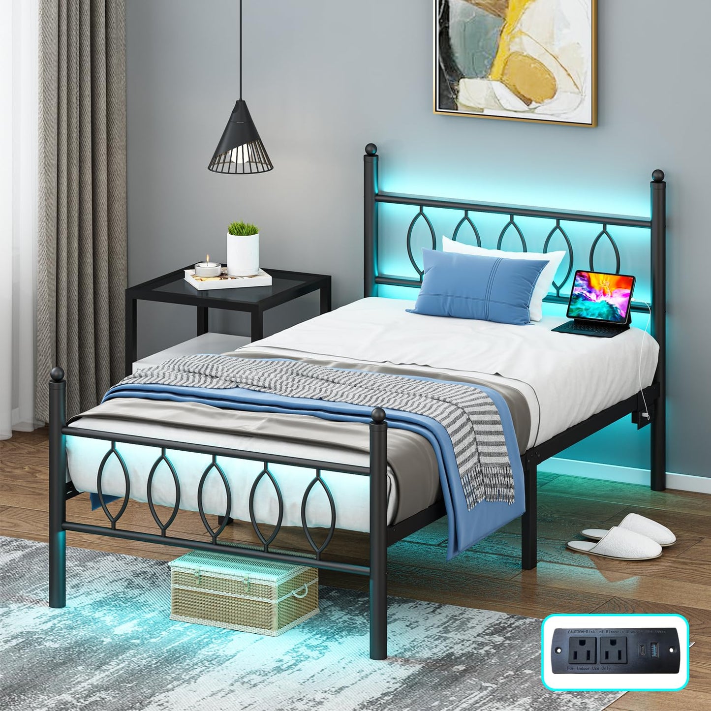Samurbex Twin Size Bed Frame with Headboard,Black Metal Platform Bed Frame Twin Size with Charging Station & LED Lights,12-Inch Under Bed Storage,No Box Spring Needed,Noise Free,Easy to Assemble