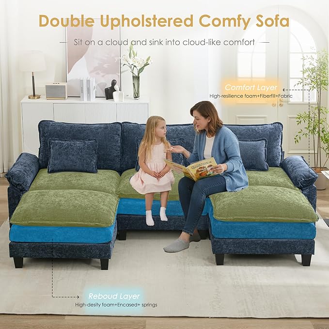 URRED Cloud Couch Modular Sectional Sofa, 122" Modern U Shaped Deep Seat Sofa with 2 Ottomans & Pillows, Ultra Comfy Chenille Couches for Living Room, Bedroom or Apartment, Blue