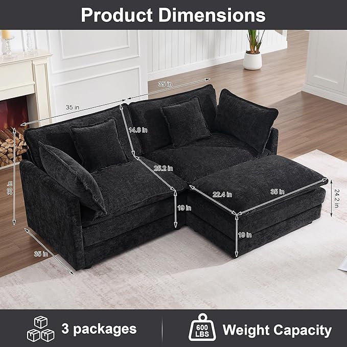 KIVENJAJA Chenille L-Shaped Modular Sectional Sofa, Modern Loveseat Comfy Deep Seat Cloud Couch with Ottoman/Chaise & 4 Pillows for Living Room Office Apartment, 76.7" W, Black