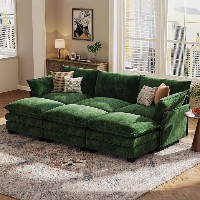 KKL 91.3" Large Modular Sectional Sofa Bed, 6 Seater Convertible U/J/L-Shaped Sleeper Cloud Couch with Ottoman, Chenille Sectional Couches for Living Room, Apartment, Green