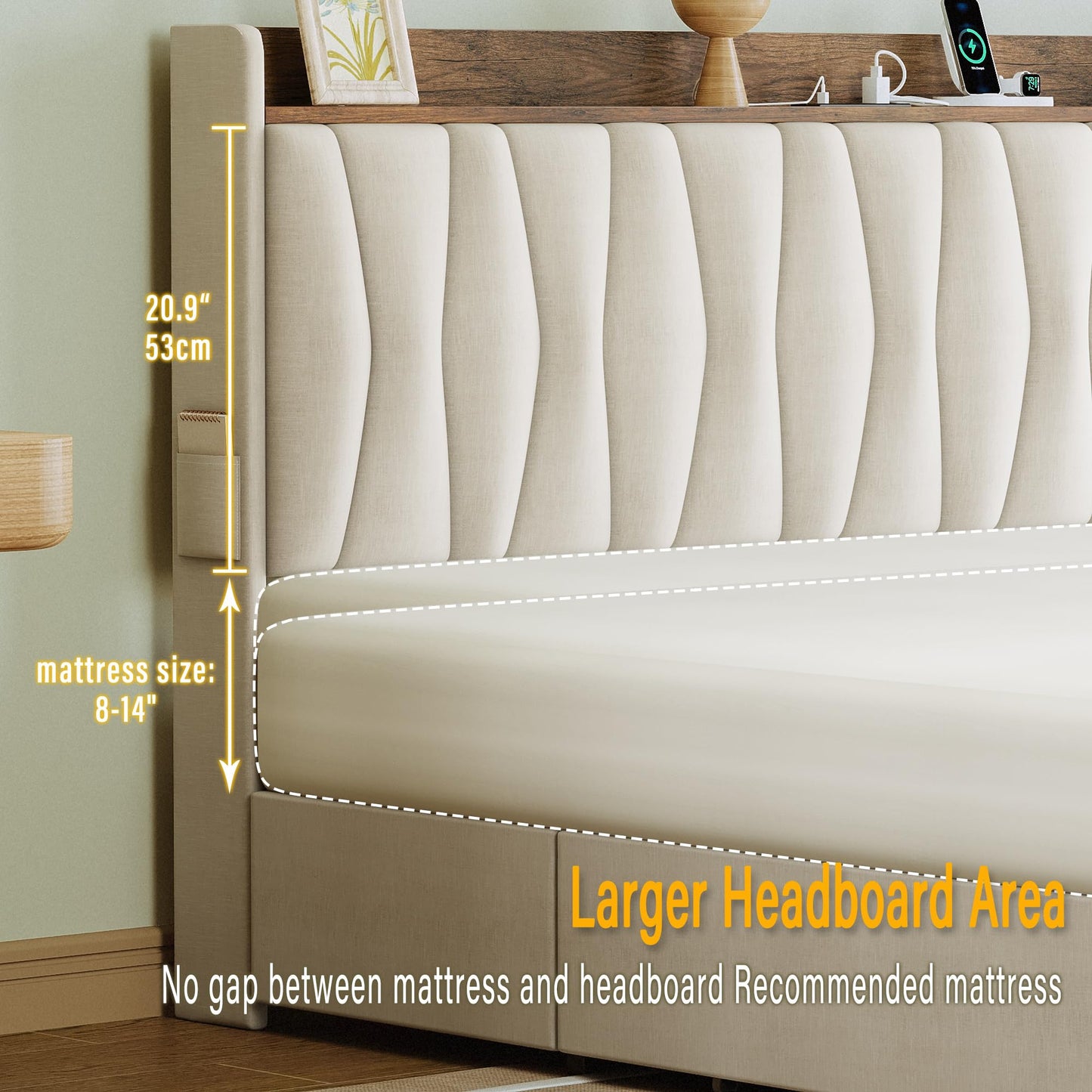 ANCTOR Twin XL Bed Frame with 3 Drawers, Upholstered Platform Bed with Storage Headboard and Charging Station, No Box Spring Needed, Easy Assembly, Beige