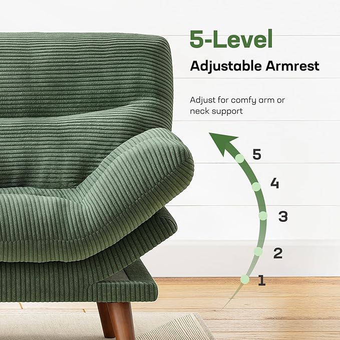 Marsail Futon Sofa Bed, 66” Futon Couch with Adjustable Backrest & Armrests, Convertible Small Sleeper Sofa Bed for Small Apartments, Study Room, Office, Corduroy Loveseat, Dark Green