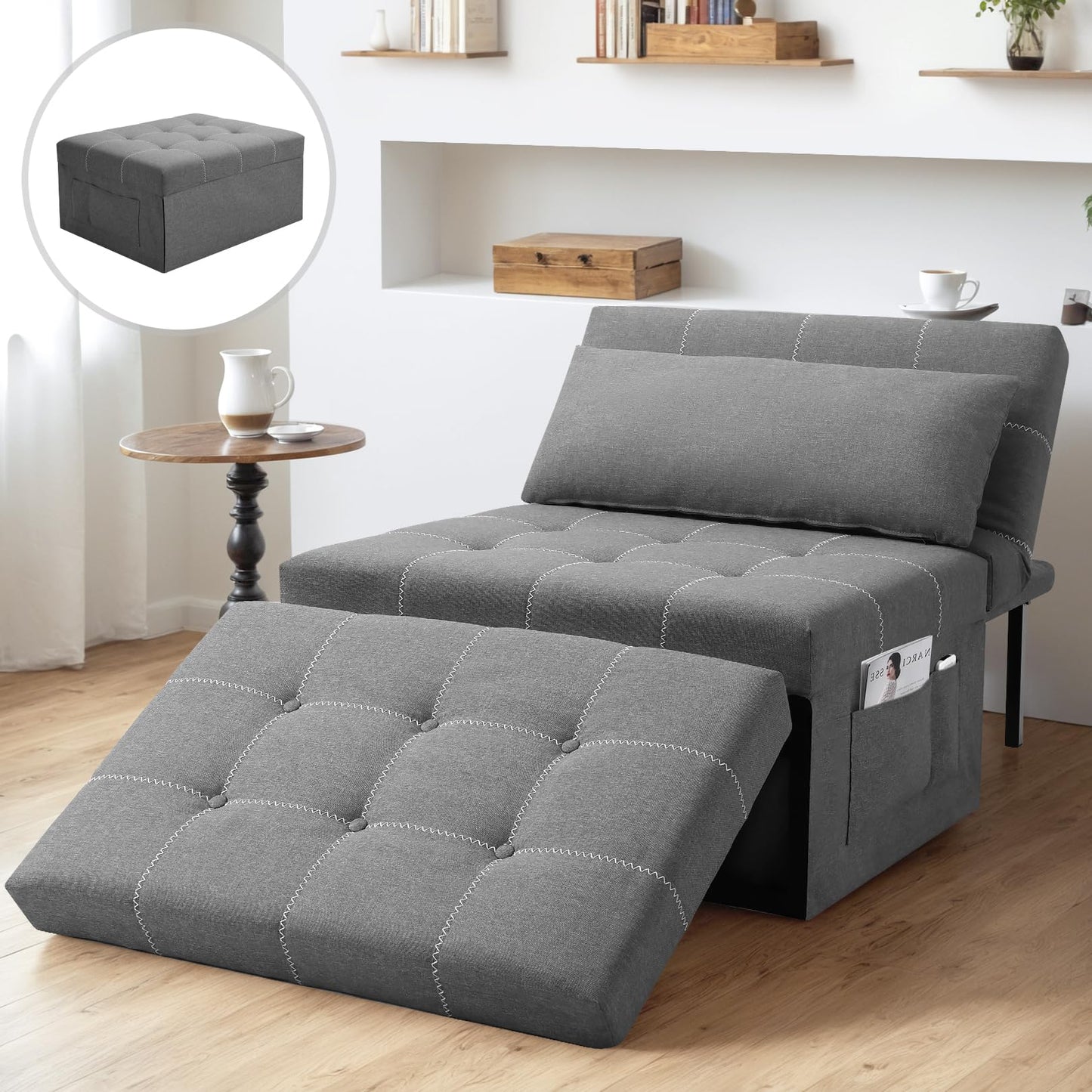 SEJOV 34'' Width Convertible Sleeper Chair, 4 in 1 Multi-Function Folding Ottoman Bed w/Adjustable Backrest & Pillow, Modern Large Single Recliner Assembly-Free Sofa Bed for Small Spaces, Dark Gray