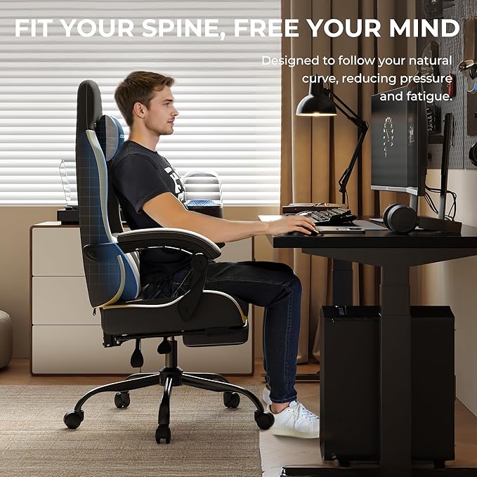 Gaming Chair with Footrest, Ergonomic 330lbs Leather Mesh Chair, Massage Lumbar Support, Adjustable Height & Headrest Pillow, Breathable Seat for Office, Home, Streaming, Long Gaming Sessions, Gold