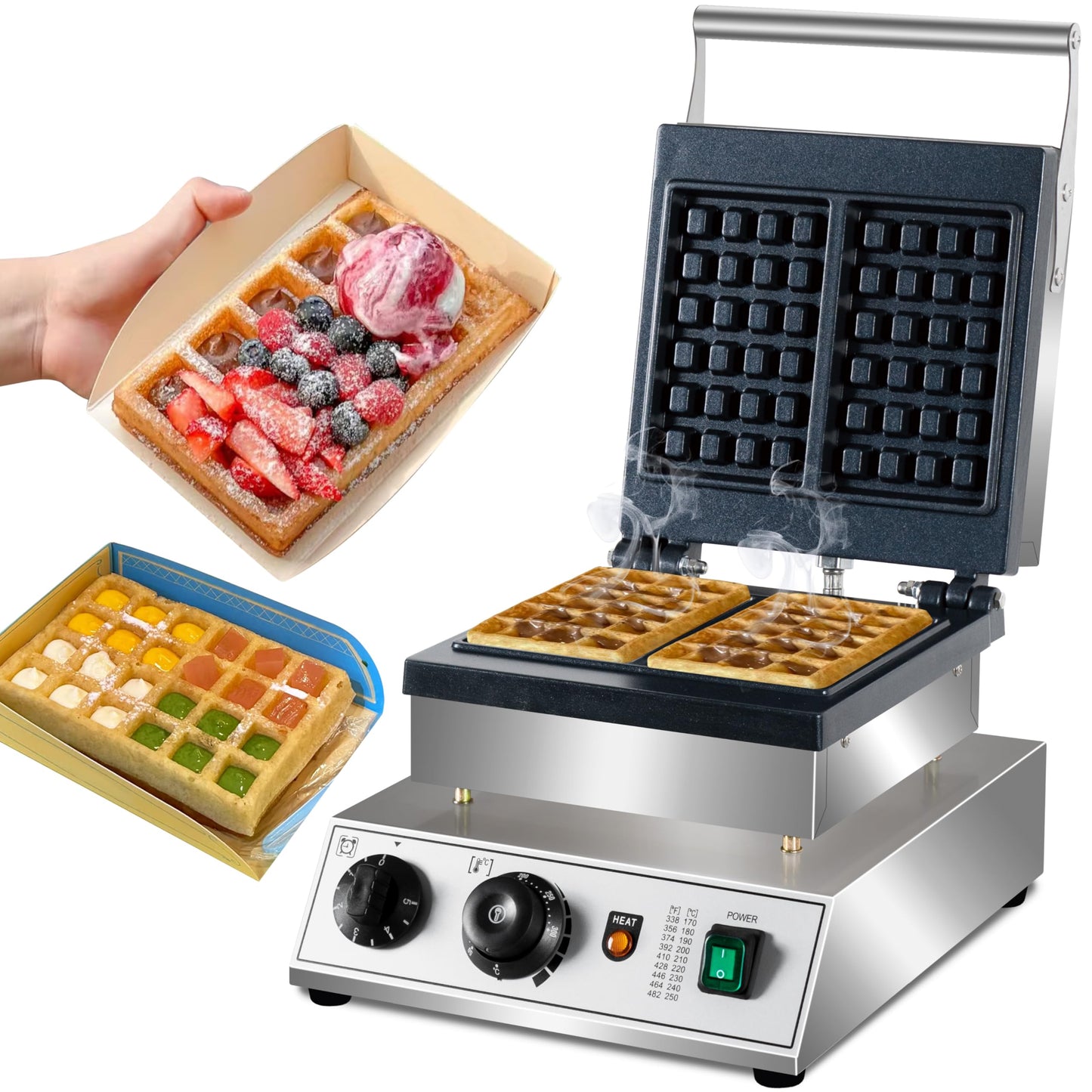 Commercial Waffle Maker, 1600W rectangle Waffle Iron, Non-Stick Belgian Waffle Baker Machine With Temp Range and Time Control, Teflon-Coated Baking Pan Stainless Steel Body