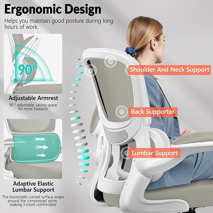BESTFAIR Office Chair Ergonomic Desk Chair, Breathable Mesh Comfy Chair with Lumbar Support, Computer Chair, Home Desk Chair with Flip-up Armrests, Gaming Chair for Adults Home Office (LightGray)