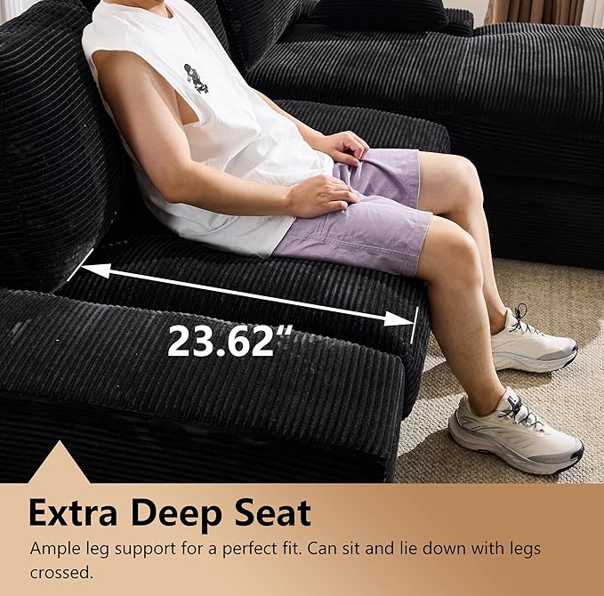 98.4" Black Sectional Sofa Cloud Modular Sectional Couch with Chaise,Corduroy Sectional Couches L-Shaped Modern Upholstered Sofa with Deep Seat for Living Room and Bedroom,No Assembly Required(Black)