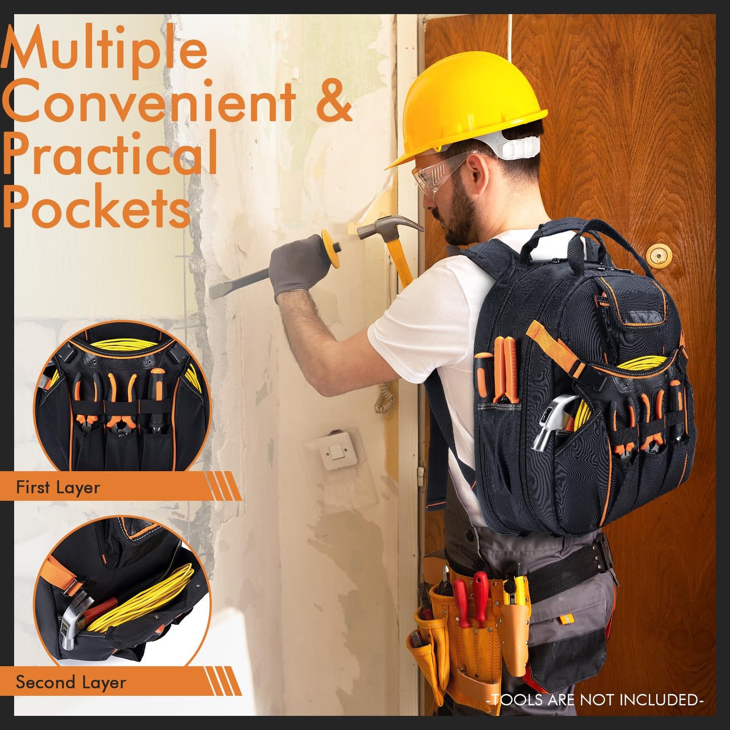BAGZY 52 Pockets Tool Bag Backpack for Men Tool Backpack Heavy Duty Storage Organization Tool Bags Heavy Duty with Waterproof Molded Base for Electrician Repairman Industrial & Construction Work Black