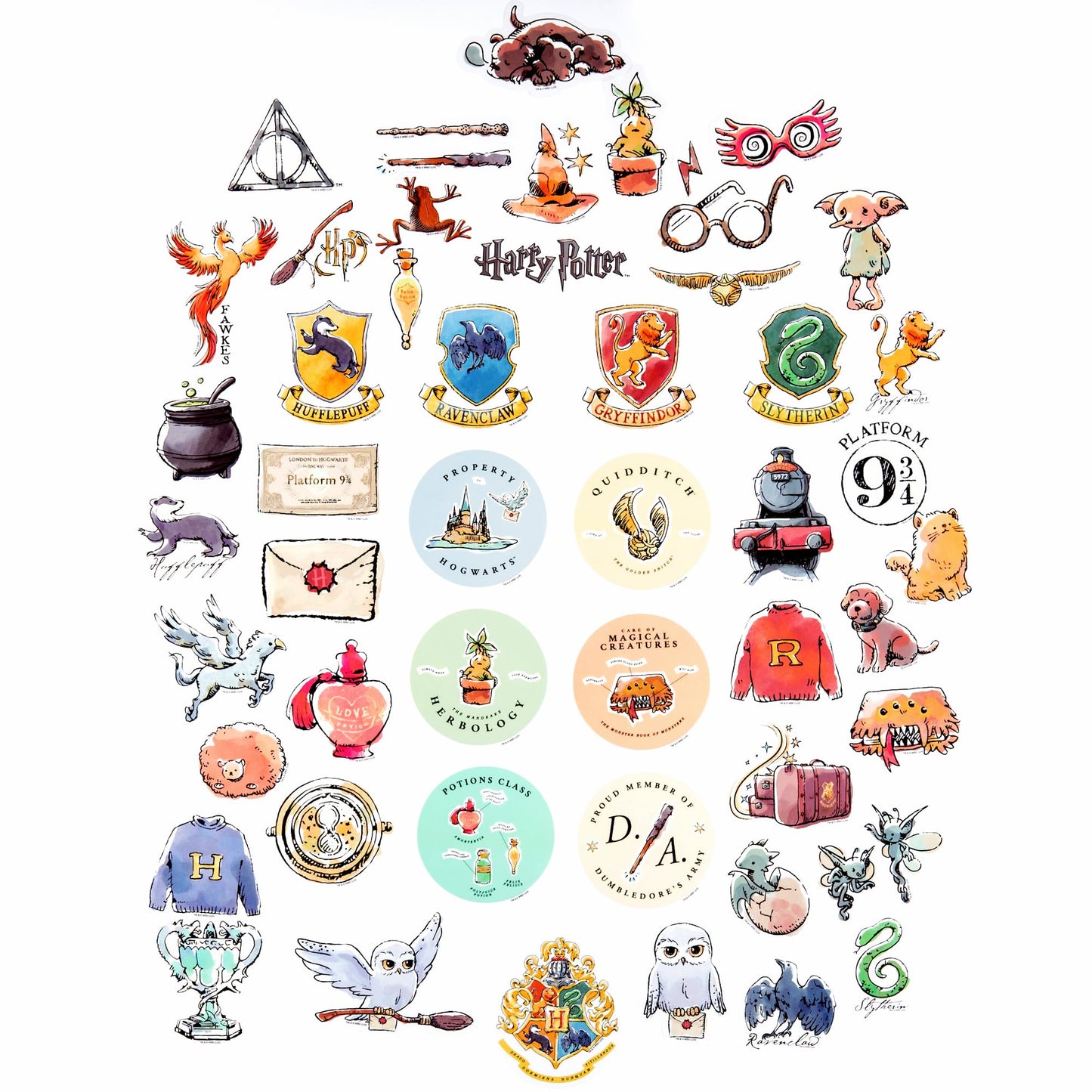 Harry Potter Watercolor Clear Vinyl Decal Stickers, Waterproof, UV & Scratch-Resistant, Sticker Decals for Laptops, Water Bottles, Journals, Kindles & More, Officially Licensed (Transparent, 50-Pack)