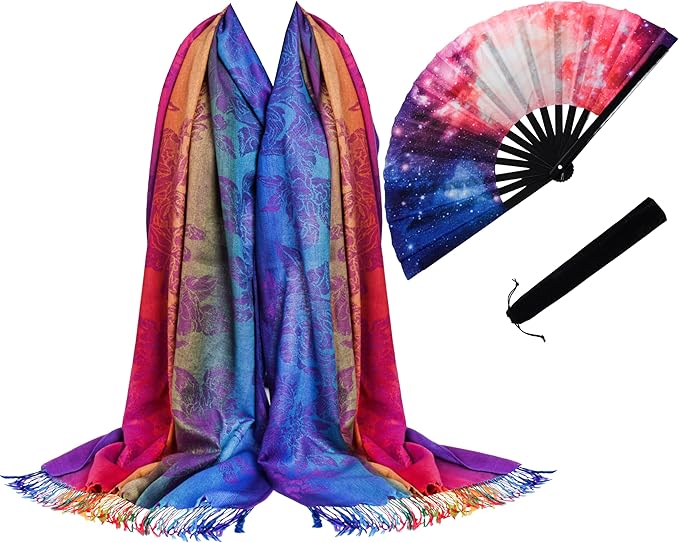 Jucoan Large Rave Fan and Pashmina Rave Scarf Floral Shawl Wrap Set for Women, 2- in-1 Rave Essential Bamboo Folding Clack...