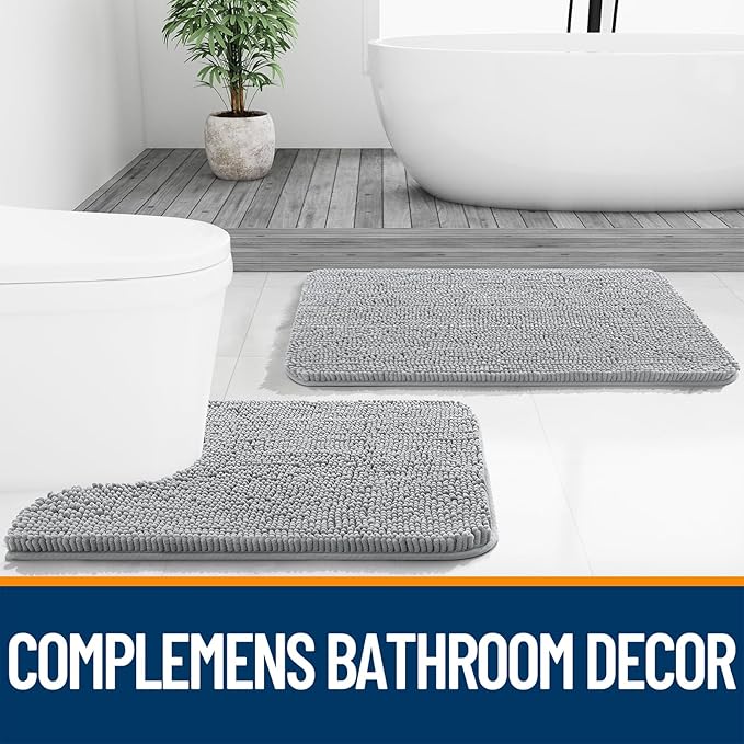 OLANLY Bathroom Rugs 47x24, Extra Soft Absorbent Chenille Bath Rugs, Rubber Backing Quick Dry, Machine Washable Bath Mats for Bathroom Floor, Tub and Shower, Home Decor Accessories, Light Grey