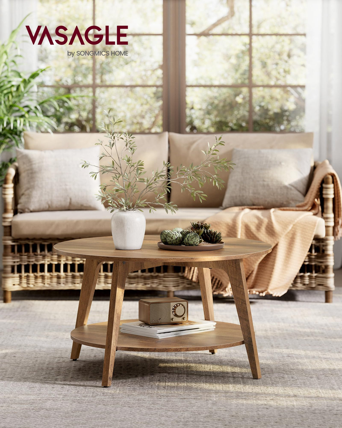 VASAGLE Round Coffee Table, 2 Tier Coffee Table with Storage, for Living Room, 31.5 x 17.7 Inches, Easy to Assemble, Honey Brown ULCT243K41