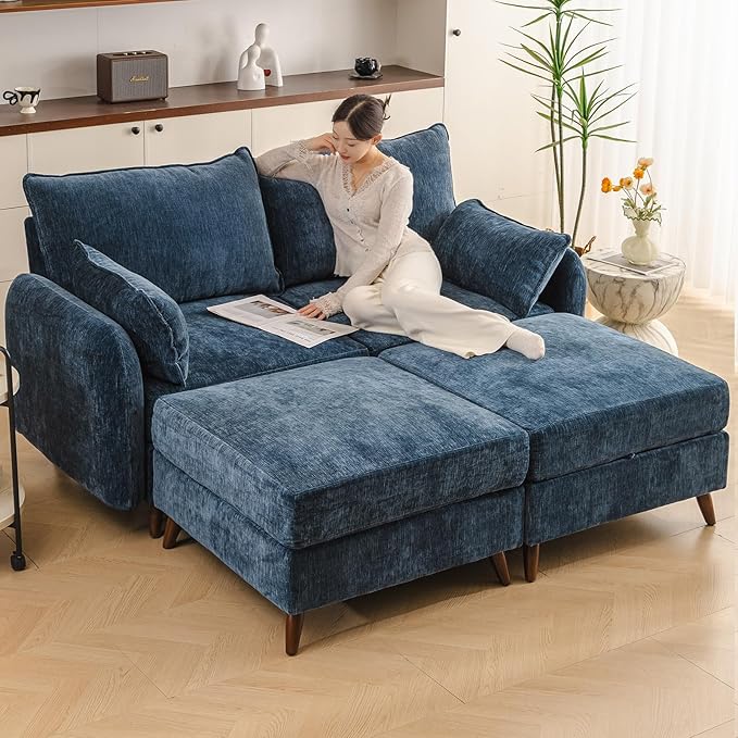 73'' Loveseat Sofa with Seats Storage, Modular Sectional Couch with Movable Ottoman,Oversized Comfy Couch, 7.8'' Thick Cushion,24.5'' Deep Seat,Large Couches for Living Room,Bedroom,Velet,Blue