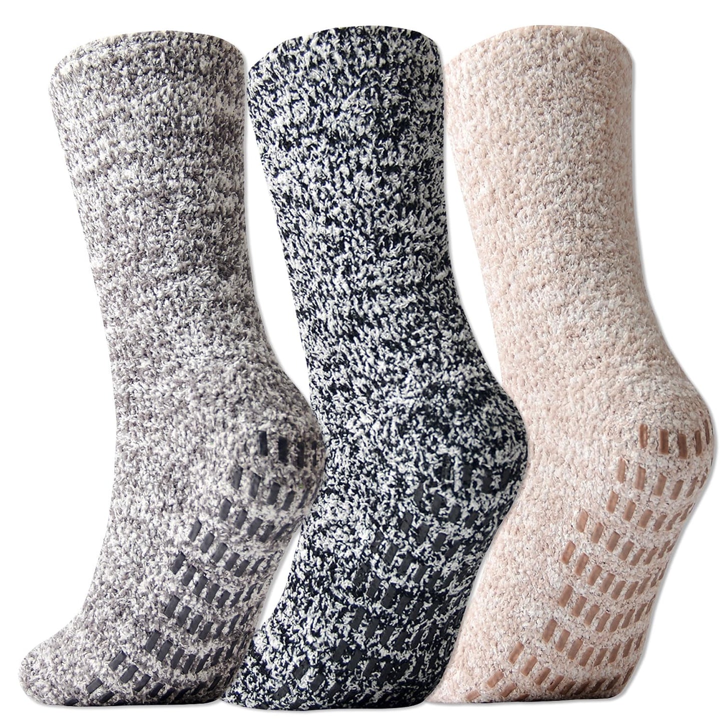 JORMATT 3 Pairs Women Grip Fuzzy Socks Non Skid Men Thick Cozy Slipper Hospital Socks with Grips,Size S