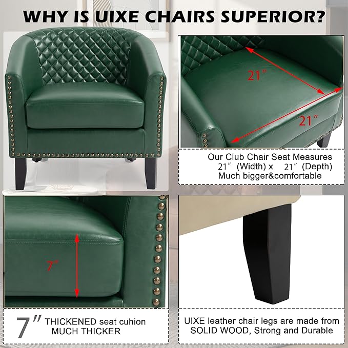 UIXE Faux Leather Barrel Accent Chairs Set of 6, Modern Club Upholstered Arm Chair, Comfy Armchair Nailed Trim Living Room Single Sofa Reading Seat Bedroom Side Sitting for Office, Green