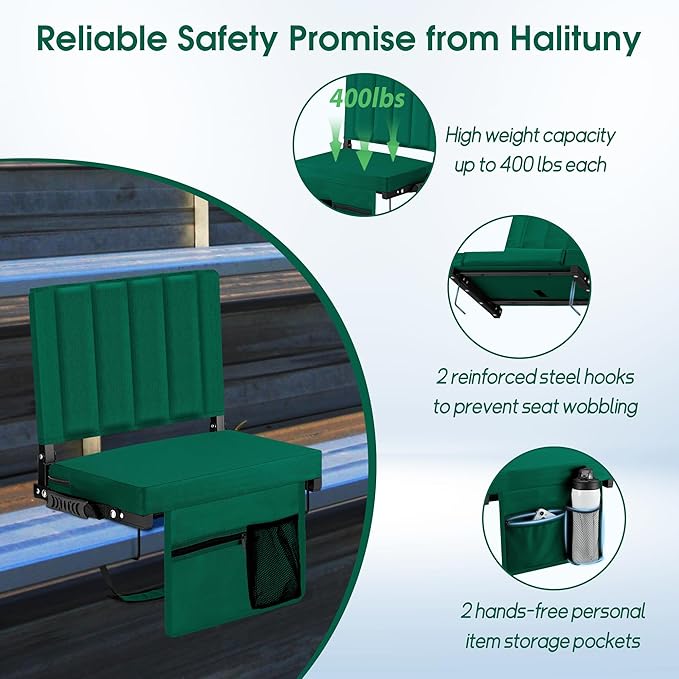 Halituny Stadium Seat for Bleachers with Back Support, Portable Bleacher Seat with Wide Comfy Padded Cushion, Metal Hook, Folding Stadium Chair with Shoulder Strap, Carry Handle, Cup Holder